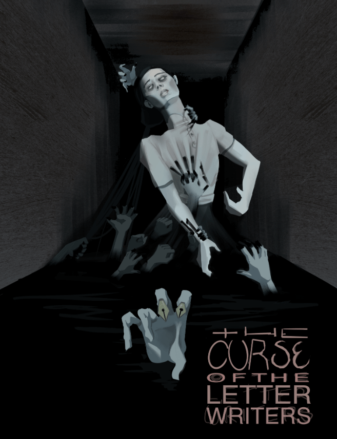 A digital painting of a ghostly woman in a dark hallway, with many ghostly hands reaching for her. The page is subtitled The Curse of the Letter Writer
